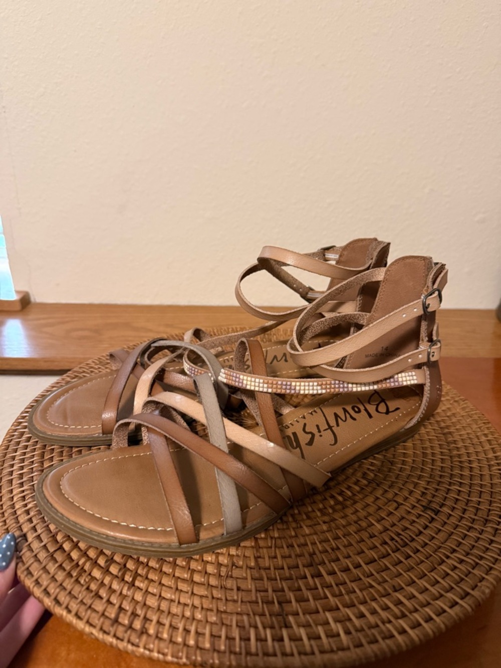 Blowfish Brown and Tan Strappy Rhinestone Gladiator Sandals